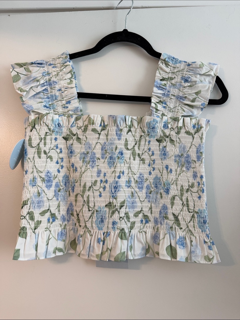 Smocked Ruffle Floral Crop Top - Blue/White